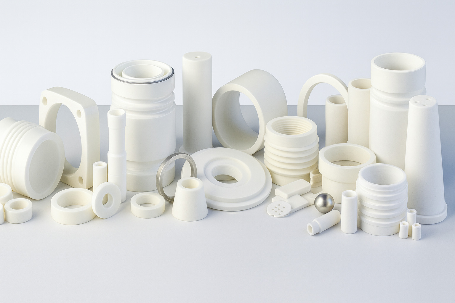 Collection of precision-engineered white ceramic components and parts